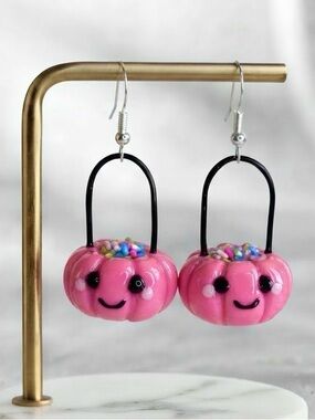 Pink Halloween Pumpkin Trick-or-Treat Basket - Handmade Earrings